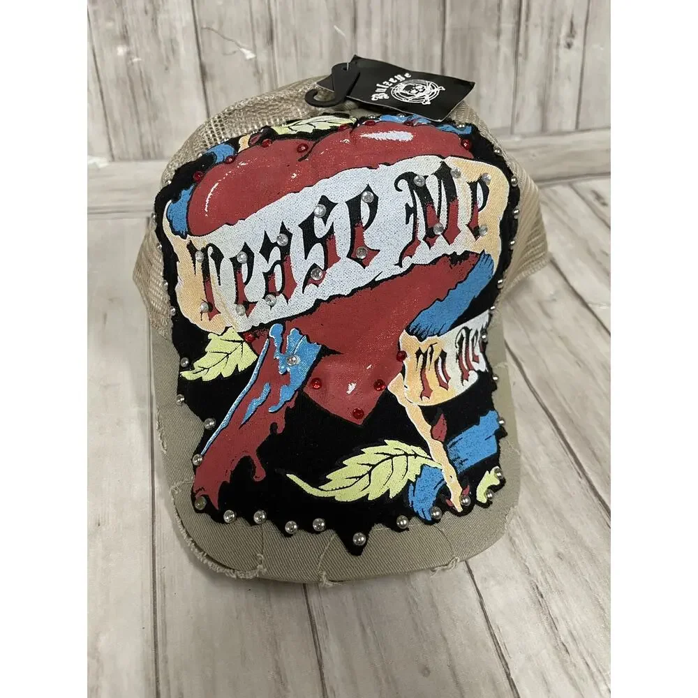 Bulzeye Hat Mens Beaded Cap Tease Me Print Heart Embroidered Ripped Khaki A4